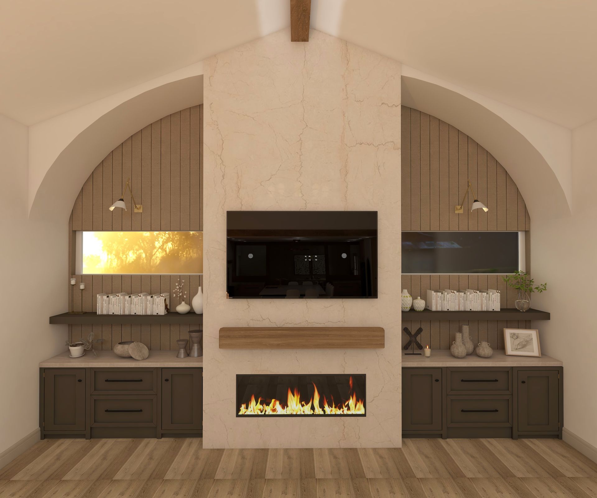 Living room with fireplace, TV, and built-in cabinets with arched wood detailing.