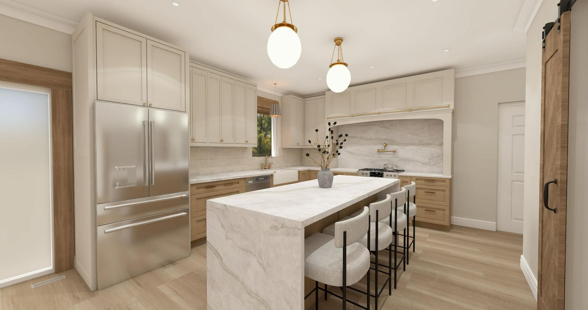 Modern kitchen with white cabinets, stainless steel refrigerator, and marble island with bar stools.