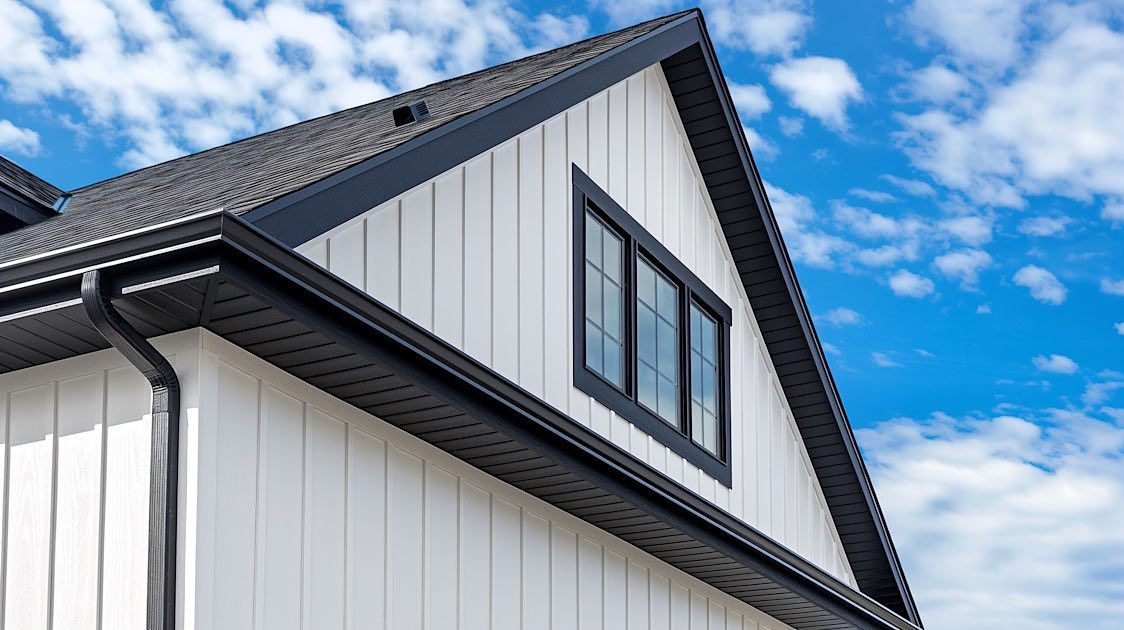 White house exterior with black trim, black-framed window, and blue sky.