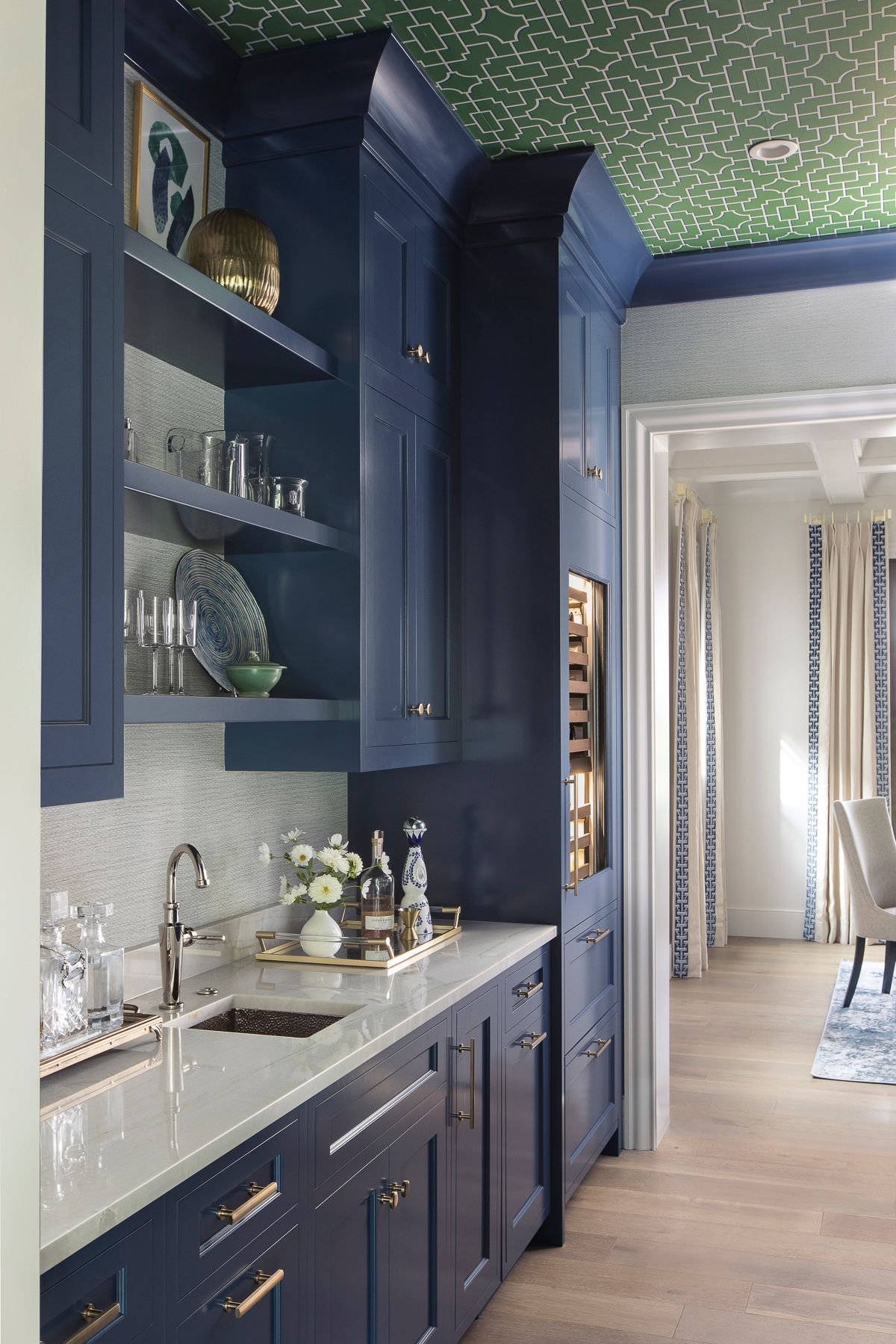 Custom-built blue kitchen cabinets