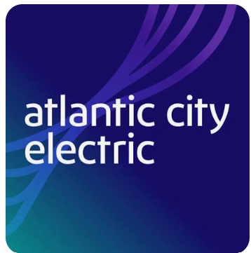 Atlantic City Electric logo on a dark blue-purple background with teal and purple curves