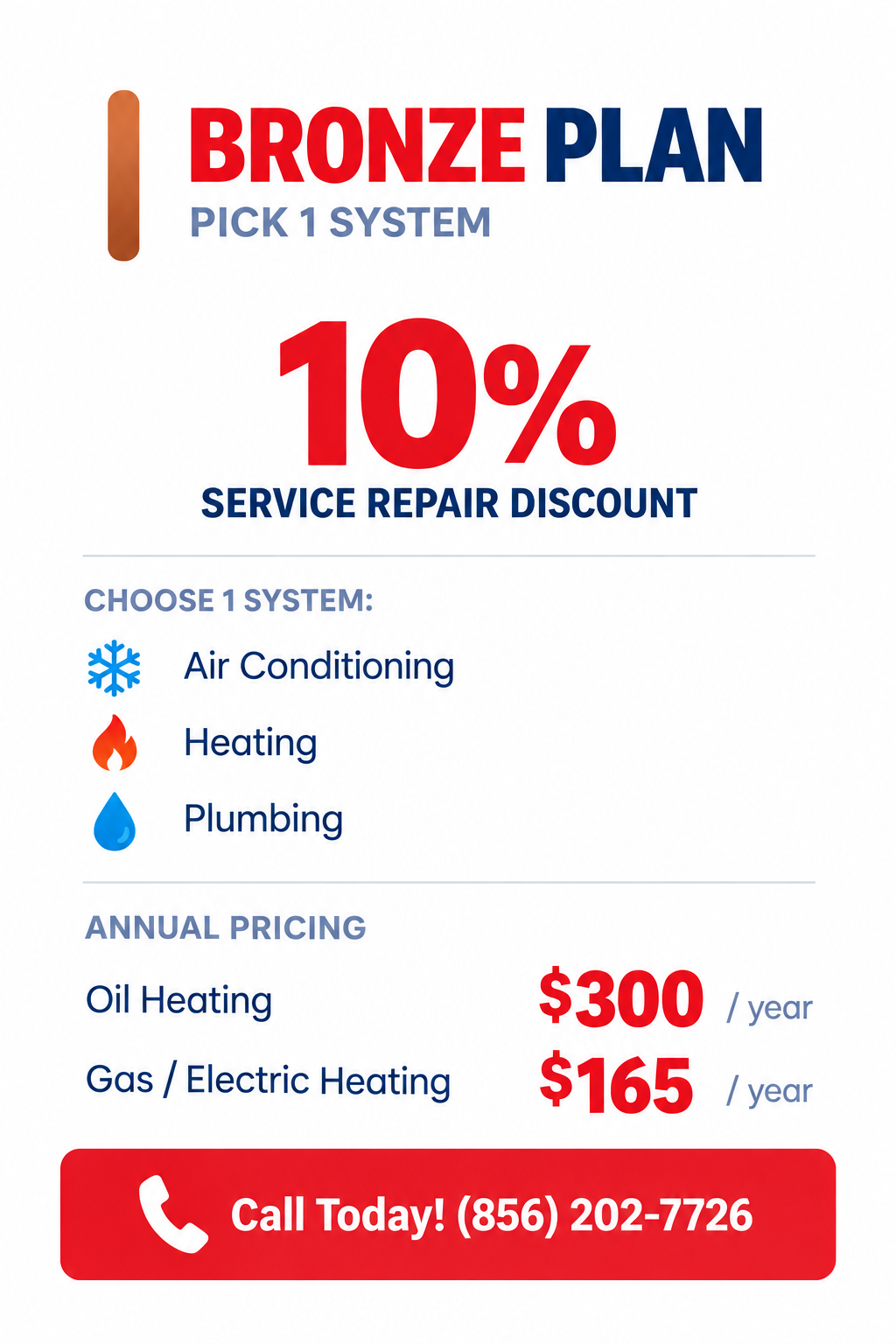 Bronze Plan ad with 10% service repair discount for air conditioning, heating, or plumbing.