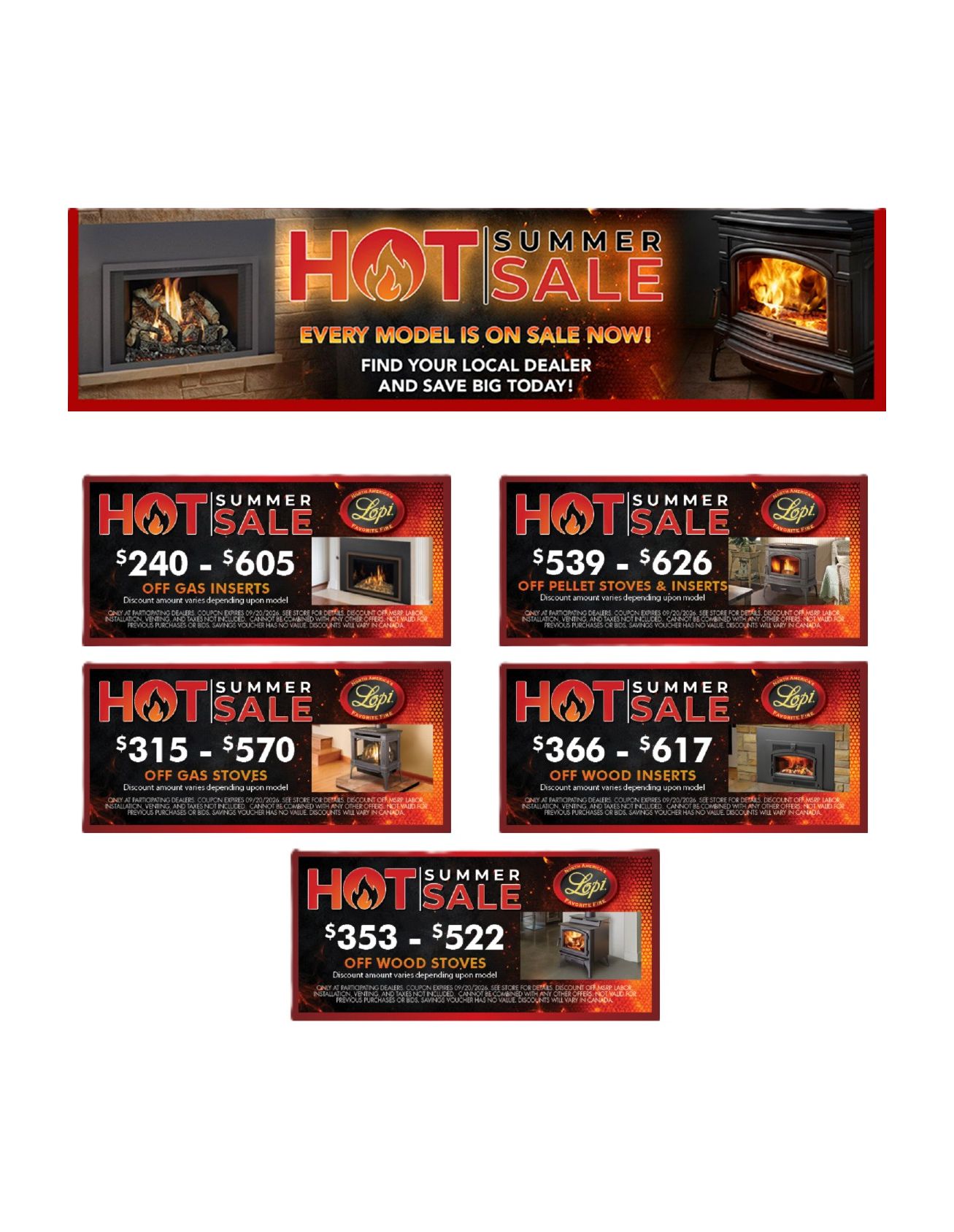 Five red-and-black hot sale ads with fireplace images and price ranges, arranged in rows