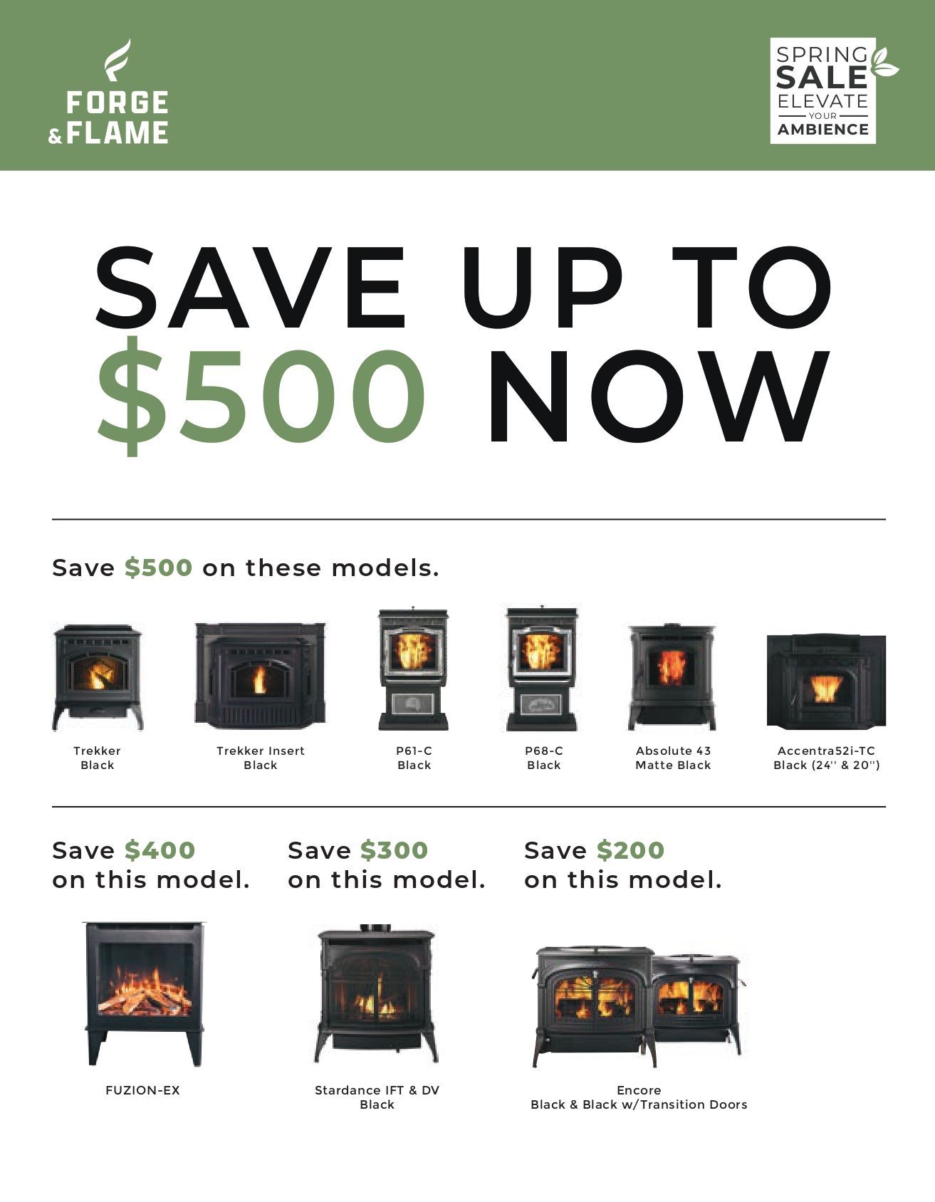 Forge & Flame spring sale ad showcasing discounts of $200 to $500 on various pellet, wood, and gas stove models.