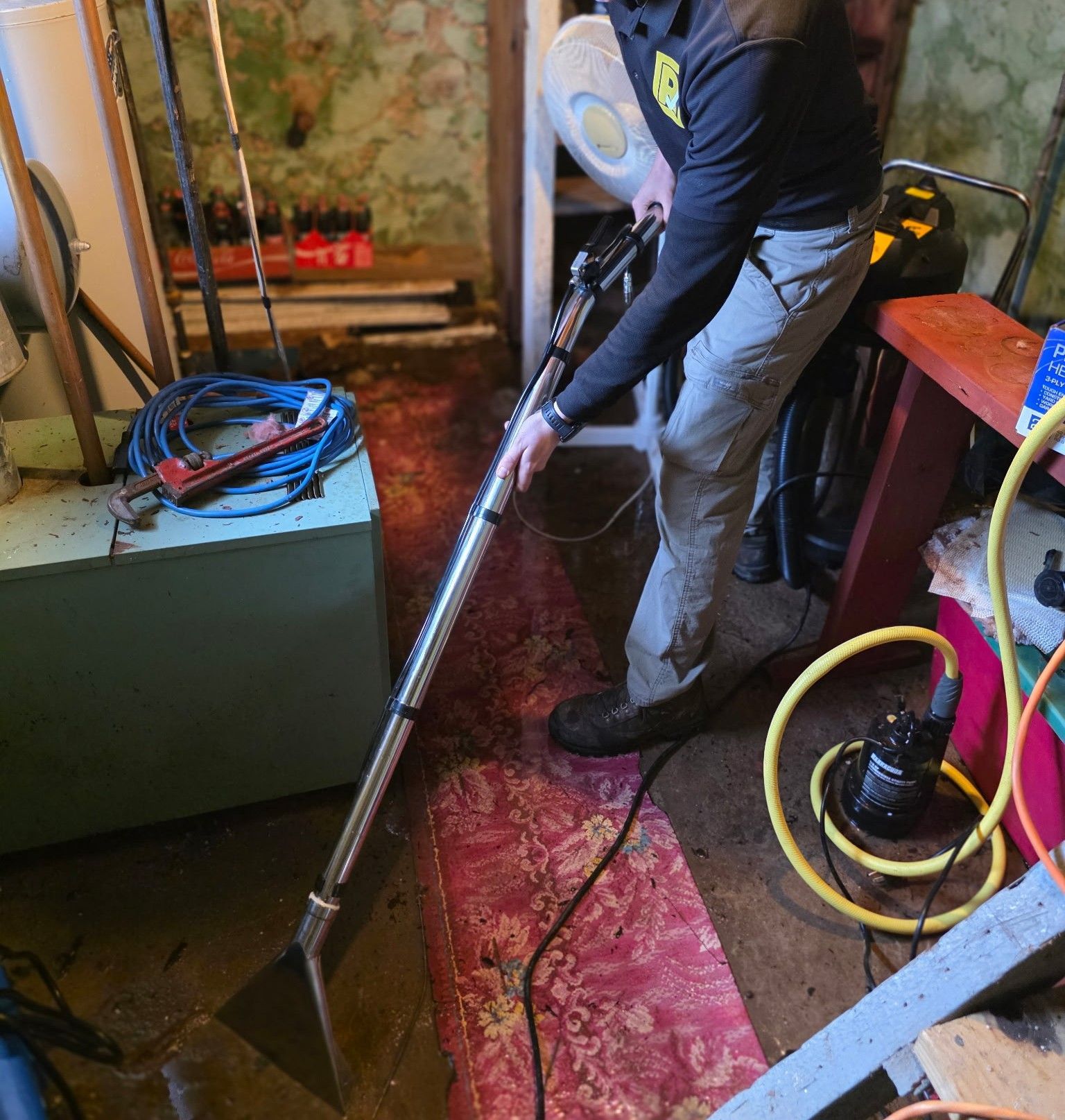 Person using a wet vacuum to clean a cluttered basement floor