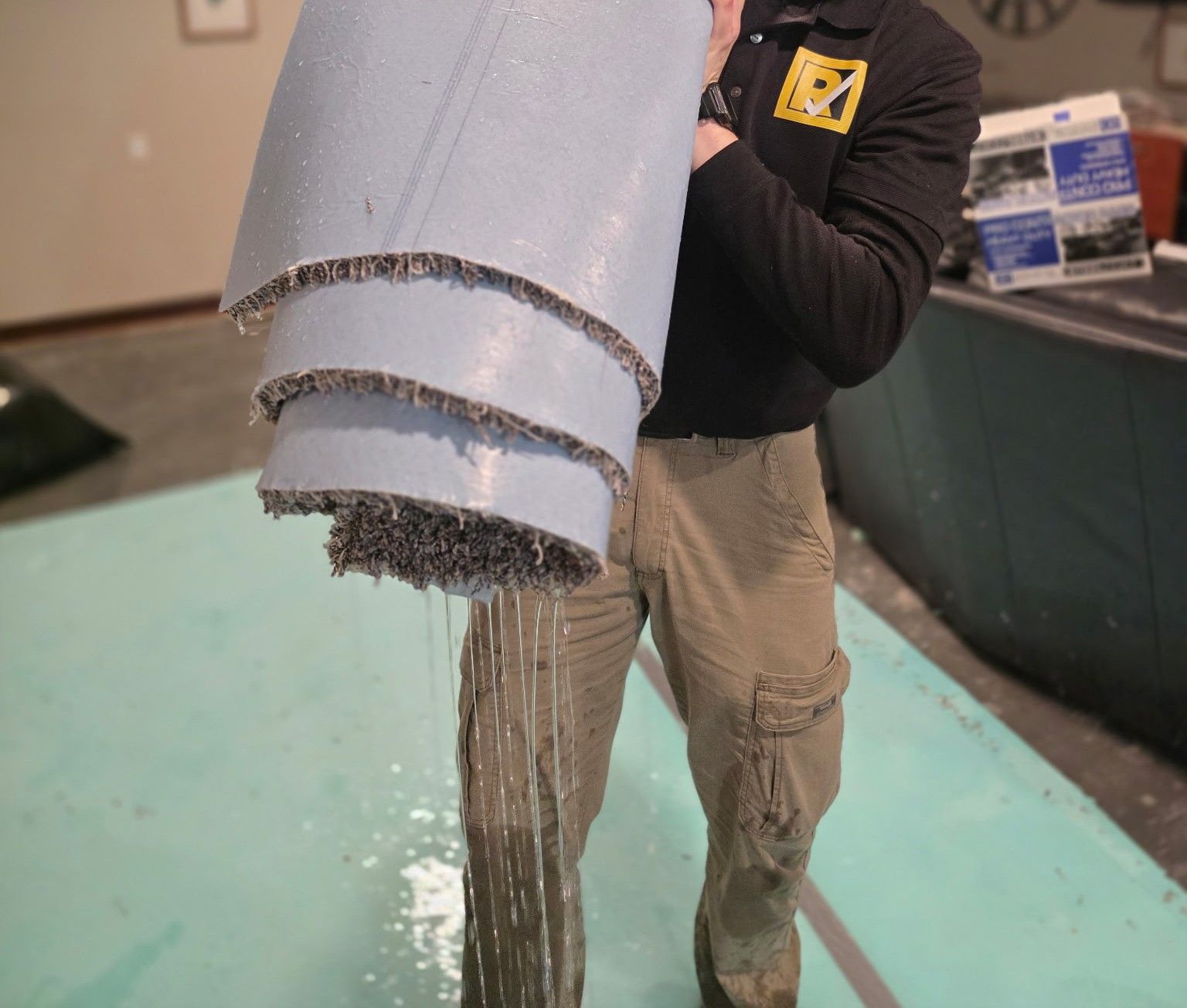 Person pouring wet concrete from a large pipe into a work area indoors.