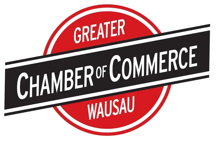 Greater Chamber of Commerce Wausau logo with red circle and black banner