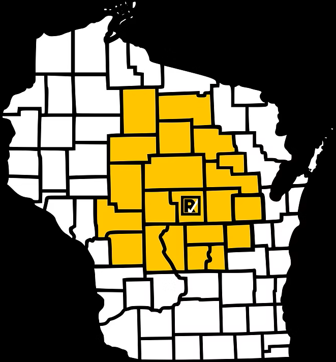 Wisconsin county map with central counties highlighted in yellow and a small question mark marker in the center