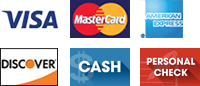 Visa, MasterCard, American Express, Discover, Cash, Personal Check