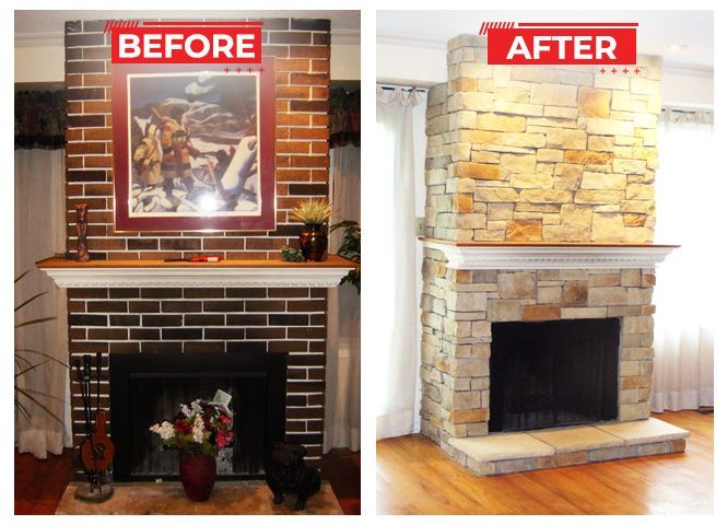 Before and after of a fireplace remodel; brick versus stone facade, with new hearth and mantel.