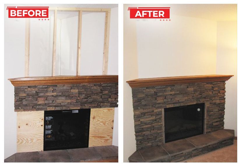 Fireplace renovation before and after. Stone facade, wooden mantel, and empty frame transformed into a finished interior feature.