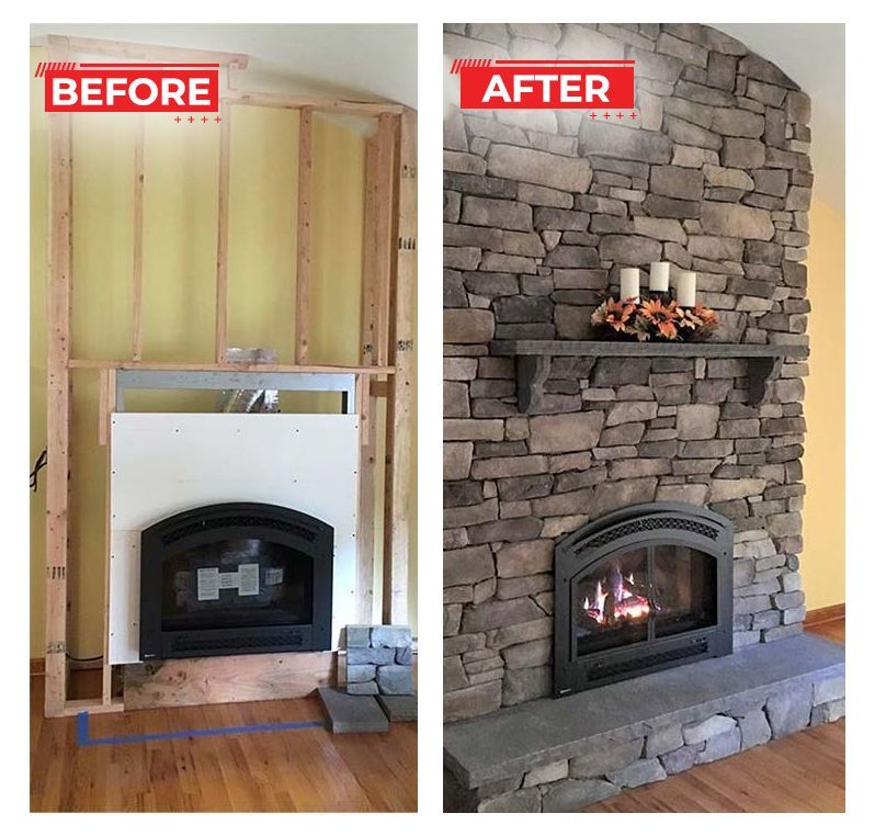 Before and after view of a fireplace renovation. The 