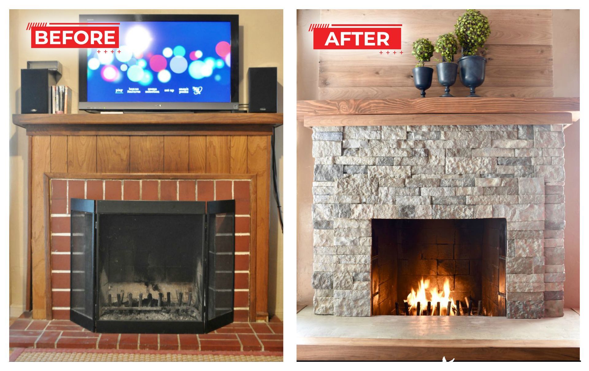 Before and after fireplace renovation: wooden mantel replaced with stone and wood, TV removed, fire lit.