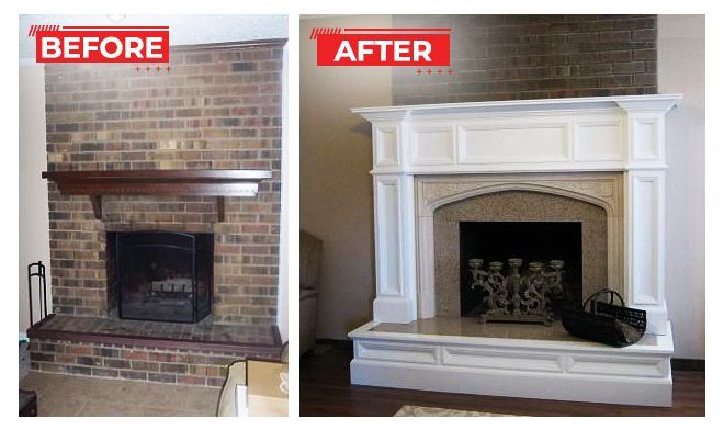 Fireplace transformation: brick to white paneled mantel with new hearth and updated fire screen.