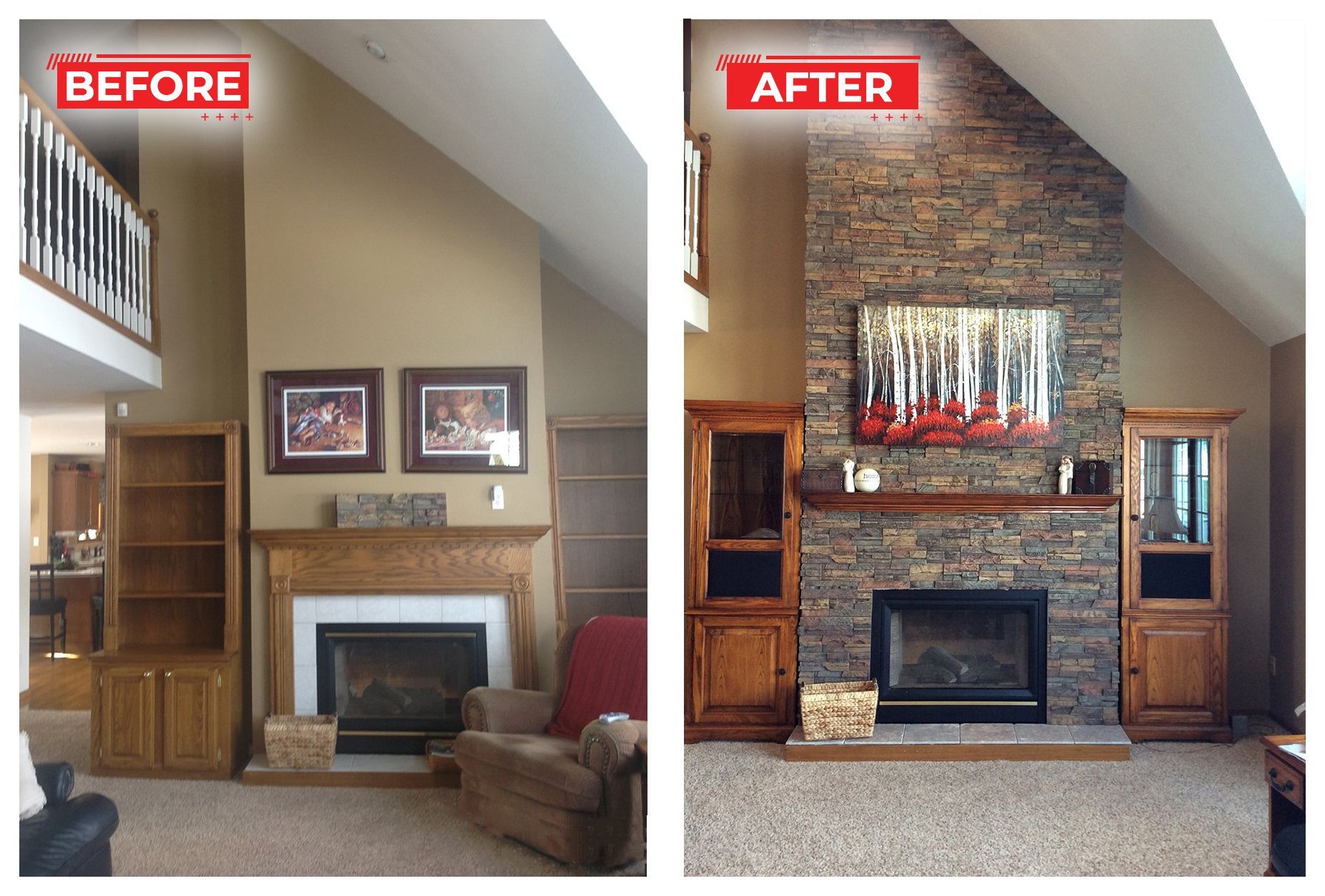 Living room fireplace before and after renovation. Stone added to surround, fireplace mantle changed.