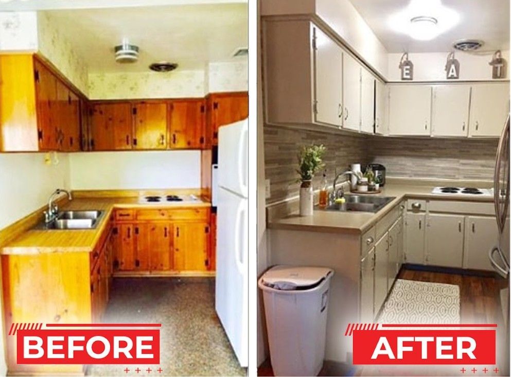 Before-and-after kitchen remodel. Original wood cabinets replaced with white, new backsplash, and updated decor.