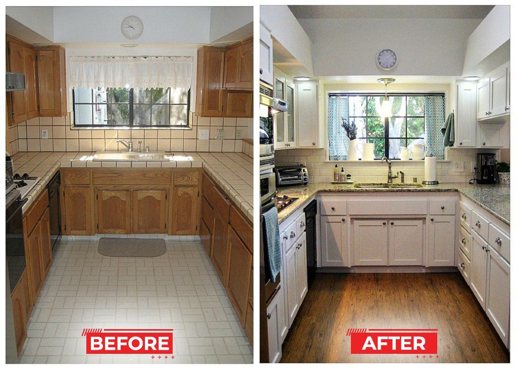 Before-and-after kitchen remodel: oak cabinets replaced with white, countertops updated, new hardwood floors.