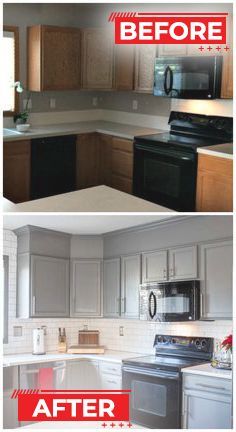 Before and after photos of a kitchen remodel:  Oak cabinets painted gray, new backsplash, appliances remain.