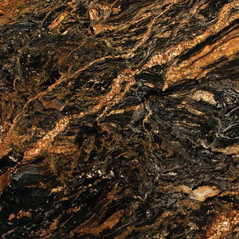 Black and copper granite with flowing, swirling patterns.
