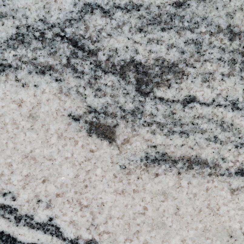 Close-up of a white granite surface with black and gray veining.