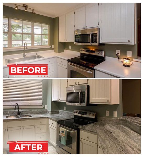 Before/after kitchen remodel: white cabinets, countertops, stainless appliances. Upgraded countertops & faucet in the after photo.
