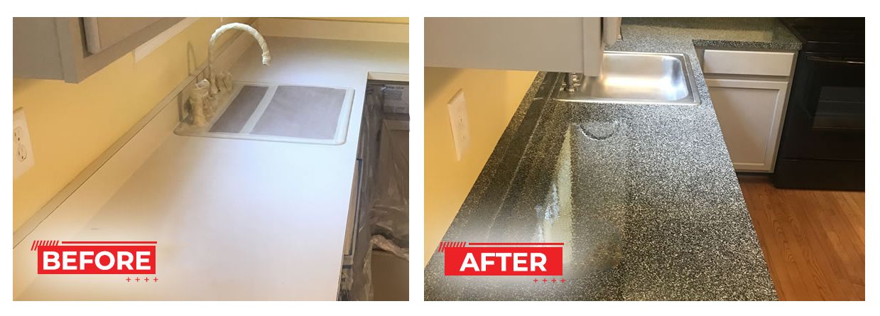 Before and after of a kitchen countertop transformation. The original is white, and the new one is speckled granite.
