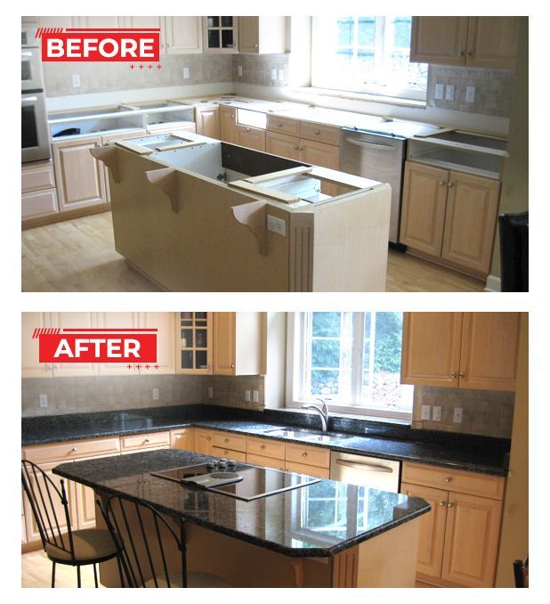 Kitchen remodel before and after. Before: unfinished cabinets, island. After: granite countertops, island.