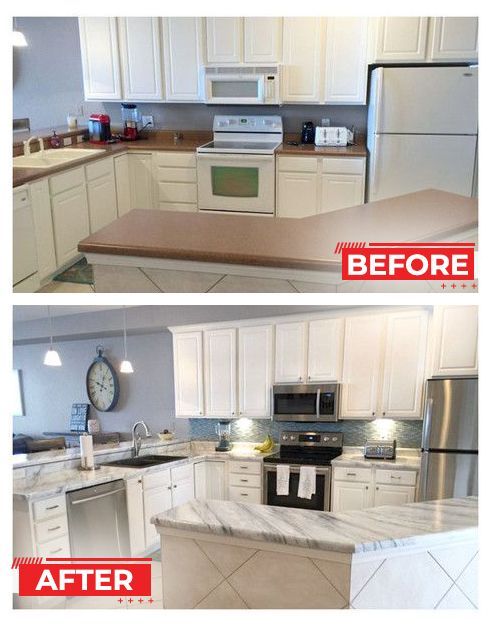 Kitchen remodel before and after. Top: White cabinets, brown countertops. Bottom: Updated with marble, stainless steel appliances, blue tile backsplash.