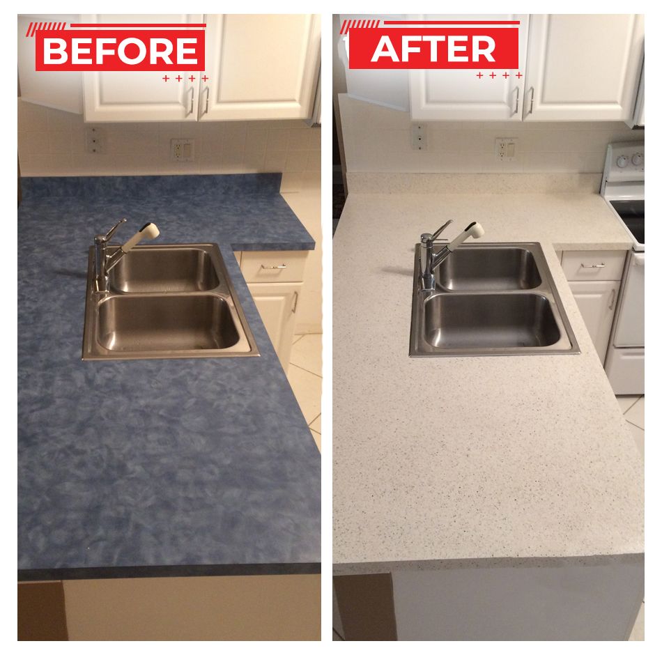Before and after of a kitchen. Blue countertop before, replaced with white countertop. Double stainless steel sink.