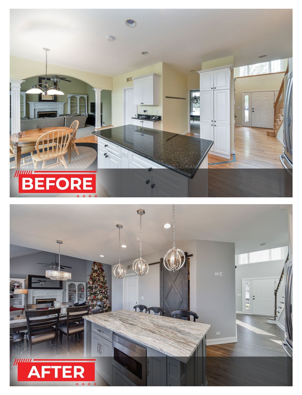 Side-by-side kitchen renovation comparison. Before: light, open space. After: gray walls, new island, modern lighting.