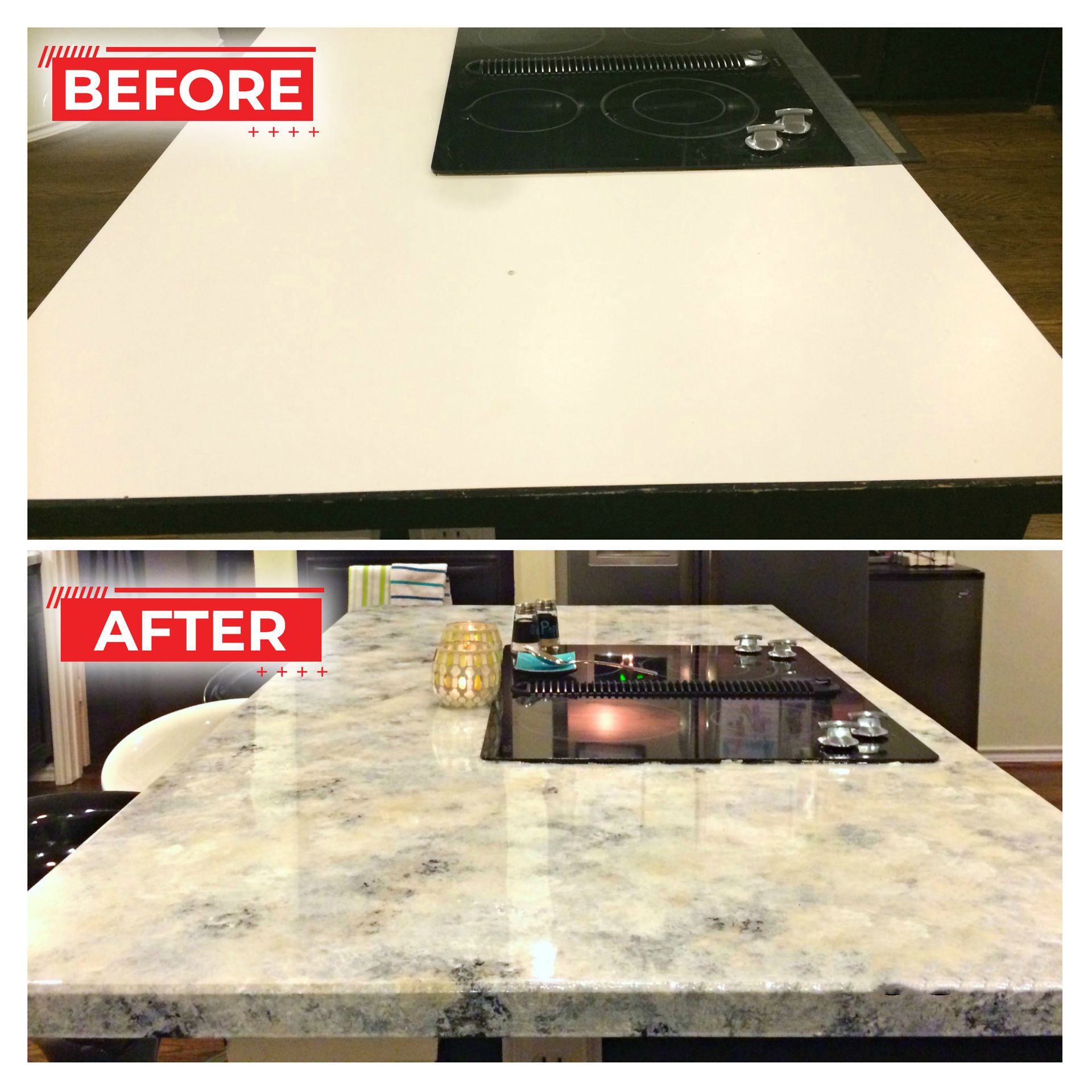 Before-and-after of a kitchen island countertop. White surface replaced with a patterned, reflective stone. Stove remains.
