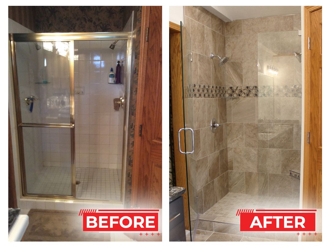 Before and after shower remodel. Gold-framed glass shower to new tile shower with glass door and decorative tile band.