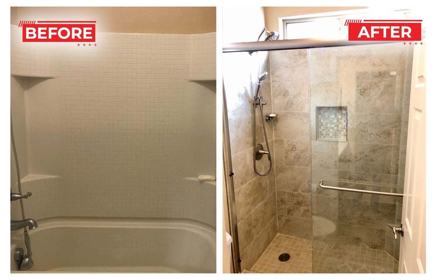 Bathroom remodel: Before and after. Old white tub/surround replaced with tiled shower, glass door, and fixtures.