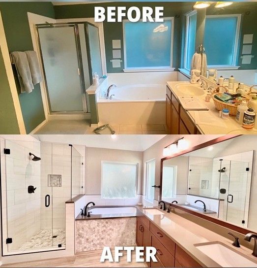 Bathroom before and after renovation: green walls, glass shower, tub with brown vanity transformed to white, modern design.