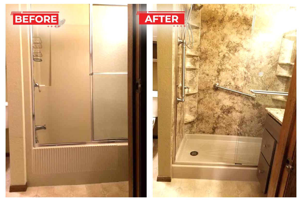 Side-by-side comparison of a bathroom remodel: Before shows a tub/shower combo. After shows a walk-in shower with safety bars and a stone-like wall.