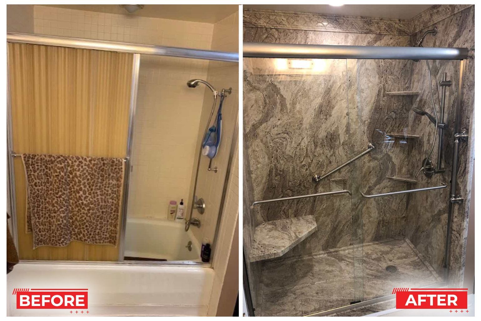 Shower remodel before and after. Old shower with curtain and new granite-style shower with seat and handrails.
