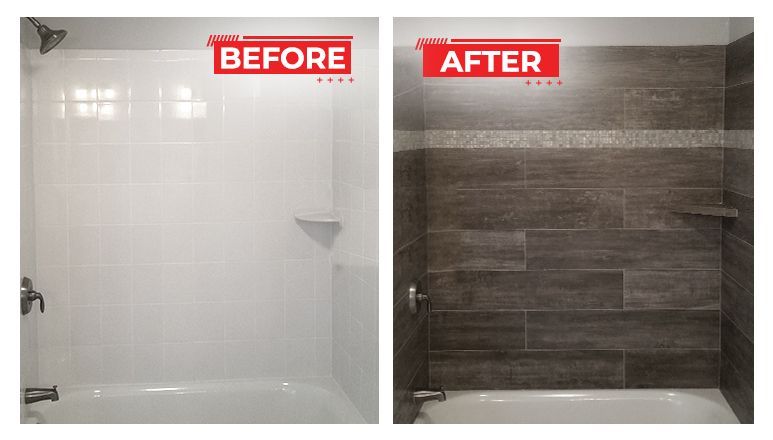 Shower remodel before and after. White plastic before, dark tile and shelf after, contrasting horizontal design.