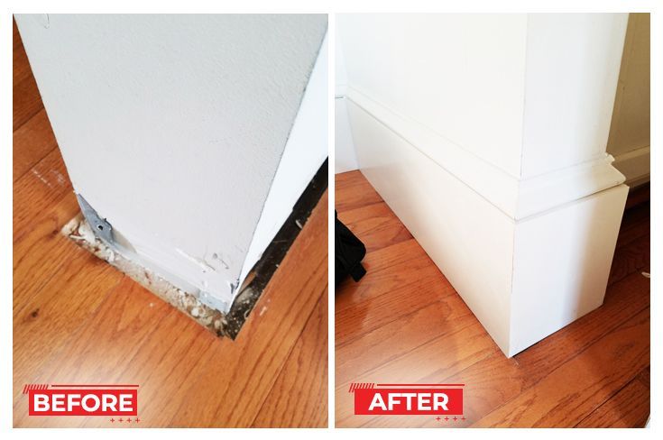 Before and after photos showing a white pillar's base being repaired, from damaged to clean and newly-painted.