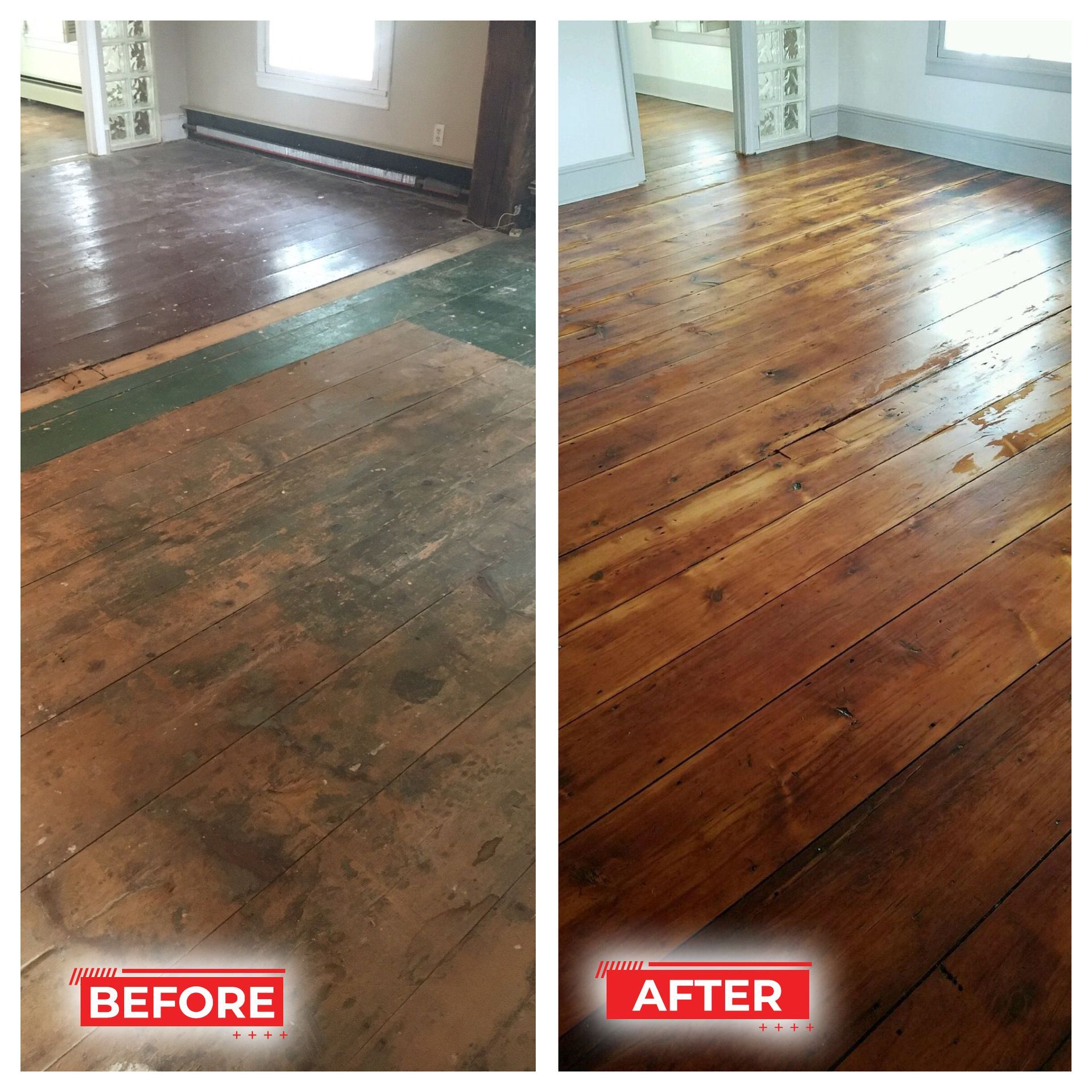 Before-and-after of hardwood floor. Left: old, dull floor. Right: refinished floor, shiny and brown.