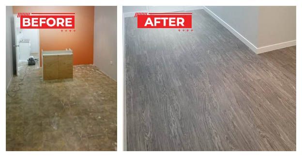 Before-and-after of a room: orange wall and worn floor (before), gray wood-look floor and neutral walls (after).