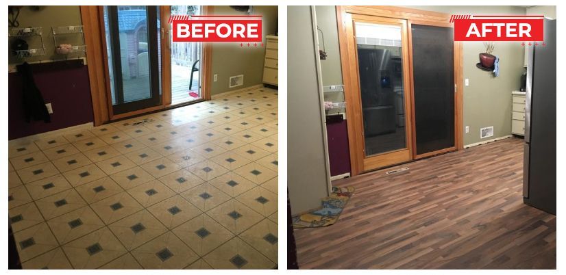 Room transformation: Before and after of tiled floor to wood floor with glass doors.