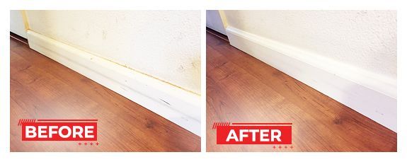 Before and after shots of a white baseboard and wall cleaning. The baseboard is much cleaner in the after shot.