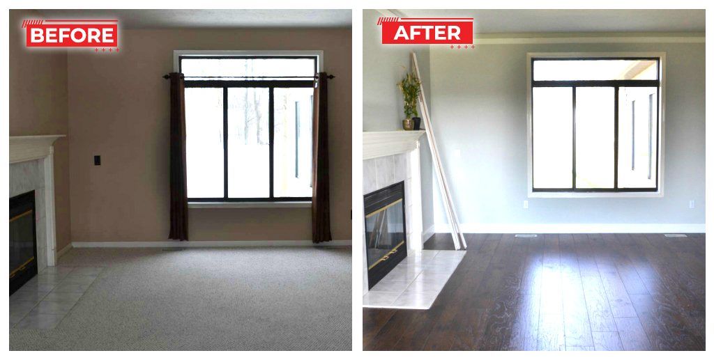 Before and after of a living room renovation; brown walls and carpet to gray walls and hardwood floor.