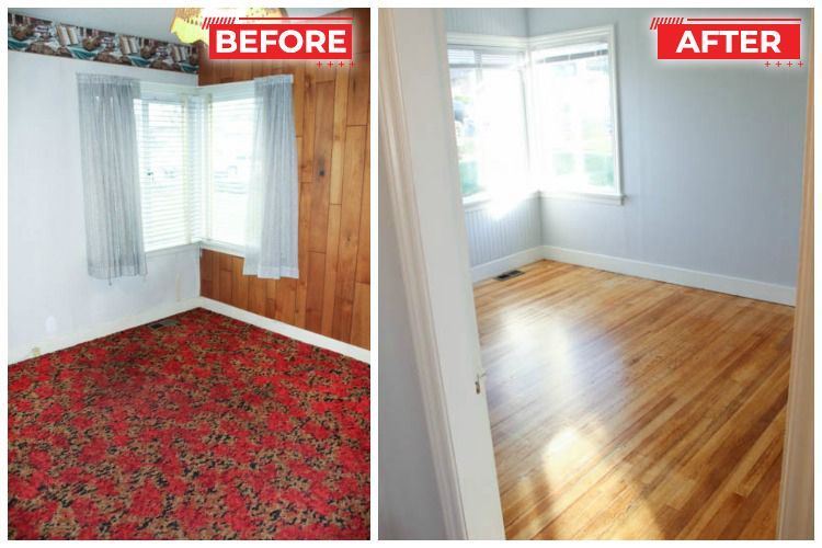 Room renovation before and after: red floral carpet, wood paneling, replaced with hardwood flooring, light grey walls.