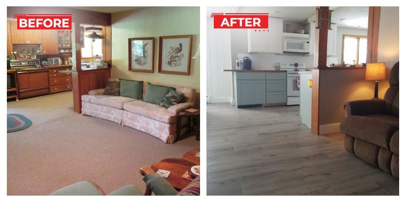 Before and after images of a living room and kitchen remodel. The before image shows dated furniture and dark cabinets. The after image shows a modern kitchen.