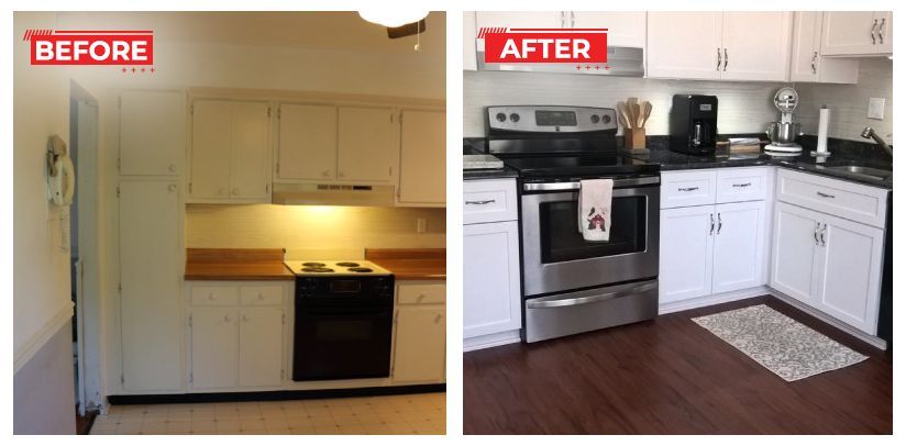 Side-by-side kitchen renovation comparison. Before: dated cabinets, dark appliances. After: bright white cabinets, stainless steel appliances.
