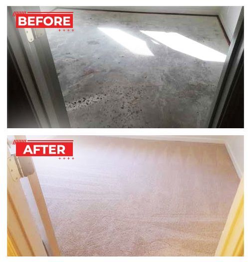 Before and after photos show a room with dirty, stained flooring (before) and clean, beige carpeting (after).