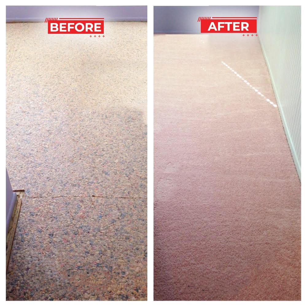 Side-by-side comparison shows a floor before and after carpet cleaning. The dirty floor is replaced with a clean, pink carpet.