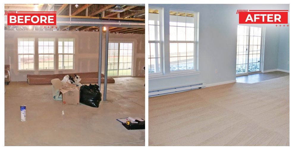 Before-and-after of a room: unfinished basement with exposed beams and unfinished walls transformed to a finished room with new flooring and painted walls.