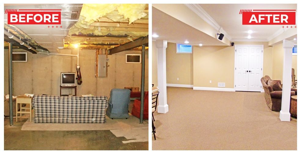 Before-and-after basement renovation. The 